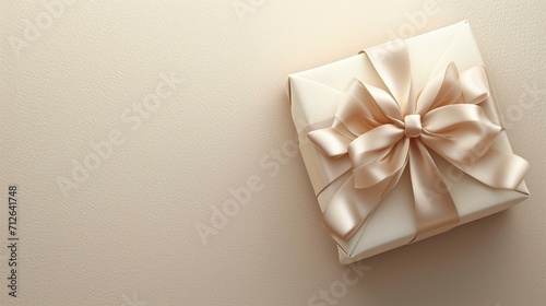 Top view of a 3D-rendered white gift box with a pearlized finish, radiating opulence and sophistication. [Pearlized white gift box elegance top view 3D gift wrap free space for tex