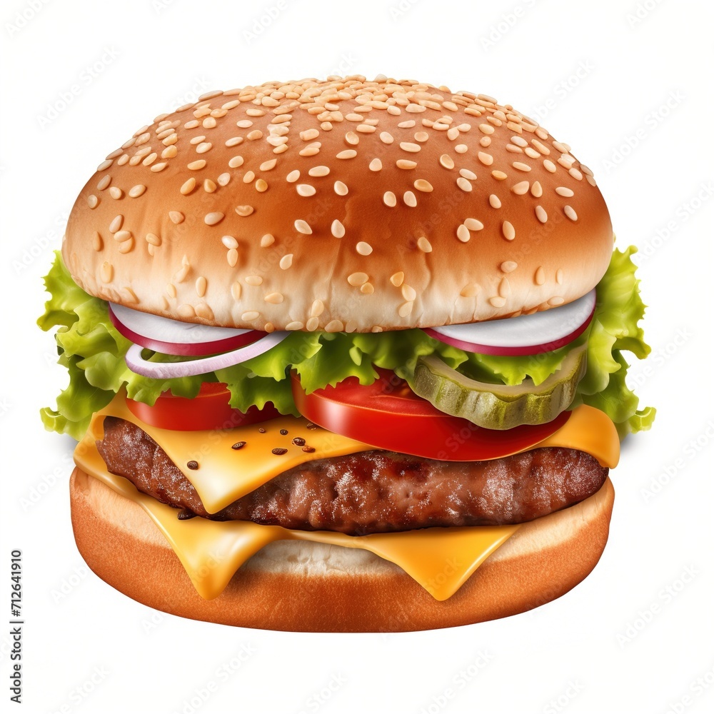 Beef patty and cheese burger with fresh vegetables Beef patty and cheese burger with fresh vegetables
