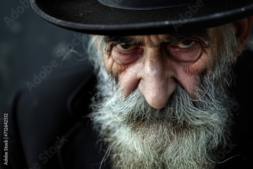 Angry elderly man in a hat looks at the camera from under his forehead, medium format portrait photo