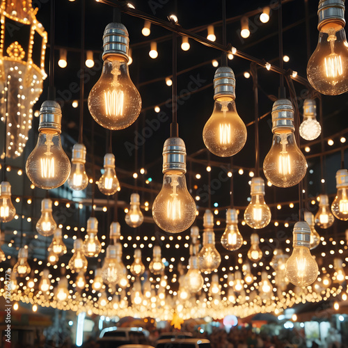 Close Up Garland Of Light Bulbs. Garland Of Light Bulbs. bulbs. Garland Light Bulb. Luminous incandescent lamps hang in the form of a garland on wires. lamp. event.