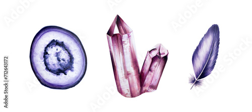 Hand drawn gemstone Agate, diamond and amethyst slice crystal and feather marker illustrations in watercolor style. Mineral isolated on white background. Clip art for designers, cards, invitations