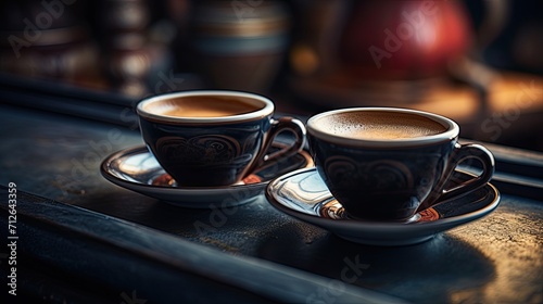 Two cups of coffee. A couple of hot drinks (cappuccino, hot chocolate) stand on the table. Illustration for cover, card, postcard, interior design, poster, brochure, advertising or presentation.