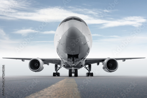 Front view of wide body passenger airplane isolated on bright background with sky