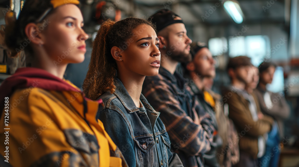 A group of young workers stands in the workshop and listens attentively to the speaker. Election marathon, future presidential elections