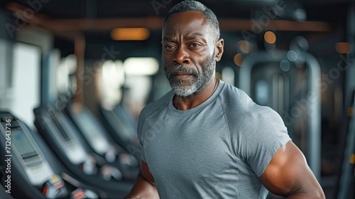 Portrait of a middle-aged black man while running inside a gym.