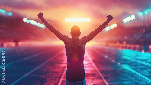Avictorious unrecognizable athlete man, raising their arms in celebration at the finish line of a race triumphal