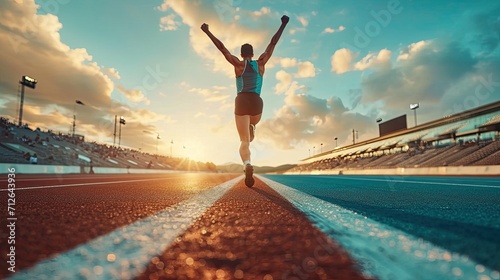 Avictorious unrecognizable athlete man,  raising their arms in celebration at the finish line of a race triumphal