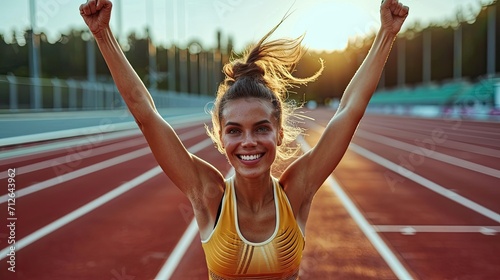 A young sporty girl with her arms raised celebrating victory, on a running track at sunset. photo