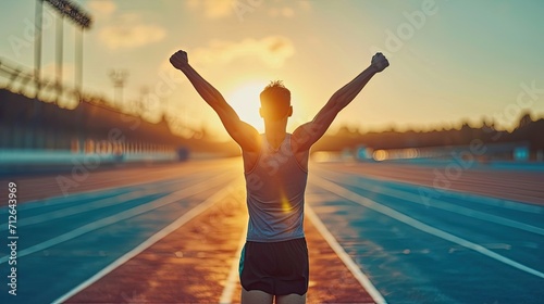 Avictorious unrecognizable athlete man, raising their arms in celebration at the finish line of a race triumphal