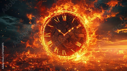 Classic style analog circular clock with hands, wrapped in fire and flames.