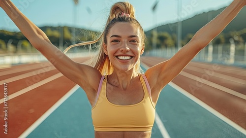 A young sporty girl with her arms raised celebrating victory, on a running track at sunset. photo