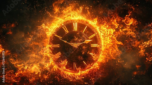 Classic style analog circular clock with hands, wrapped in fire and flames. photo