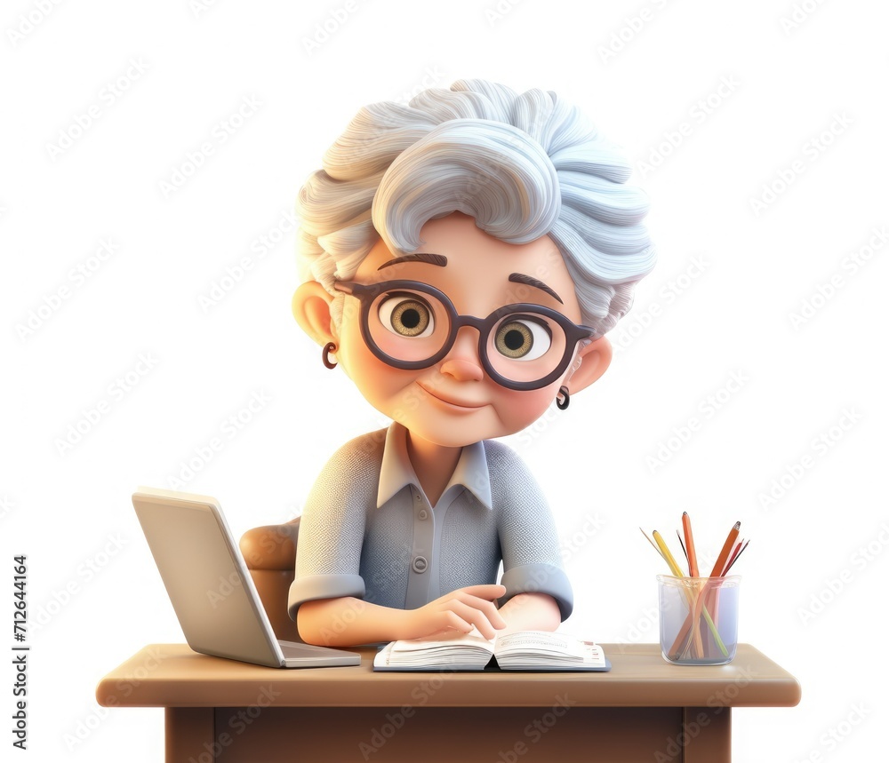 An old educated woman. A pensioner is sitting at a table. . work, office. White background. Portrait An old educated woman. A pensioner is sitting at a table. . work, office. White background. Portrait