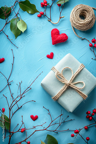 Top view of a reusable biodegradable Valentine's Day gift on a blue background. The concept of ecology and the absence of an overabundance of unnecessary things.