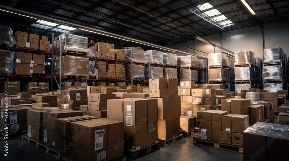 A large warehouse with numerous items. Rows of shelves with boxes. Logistics. Inventory control, order fulfillment or space optimization. Illustration for advertising, marketing or presentation. A large warehouse with numerous items. Rows of shelves with boxes. Logistics. Inventory control, order fulfillment or space optimization. Illustration for advertising, marketing or presentation.