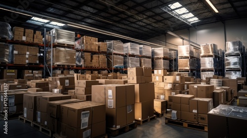 A large warehouse with numerous items. Rows of shelves with boxes.  Logistics. Inventory control, order fulfillment or space optimization. Illustration for advertising, marketing or presentation. © Login