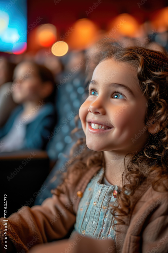 Obraz premium Familie sitzt zusammen und schaut sich einen Film im Kino an