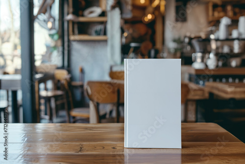 Blank book cover template standing on wooden surface against blurred background. Front view of magazine mockup photo