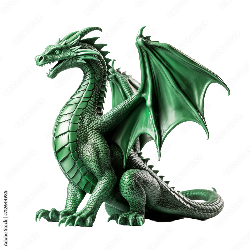 Fototapeta premium Green dragon statue isolated on transparent and white background. Generative ai