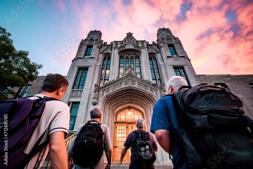 Students with backpacks walking towards the historic gothic architecture of a university entrance at sunset.