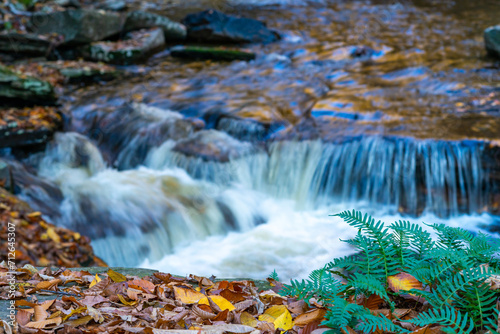 Cascade of waterfalls in a mountain gorge, fast flowing water, long exposure