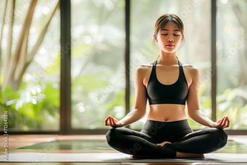 A young woman in a calm yoga pose, meditating indoors with a nature background, embodying peace and wellness.