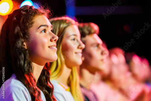 Group of young people enjoying a live concert, smiling and watching the stage with colorful lights in the background.