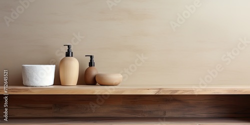 Empty wooden shelf for product display in bathroom with blurred shower interior. Advertisement counter for bath spa, showcasing body care hygiene merchandise in resort hotel sink apartment design.