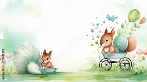 copy space, birthday card in watercolor style, pastel colors, sweet pram in some grass with a bird and squirrel sitting on it. Cute birth announcement card. Template voor birth cards, cute baby announ photo