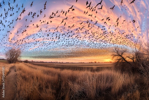 Panoramic view of a large flock of migrating birds flying at sunset over a serene rural landscape. photo