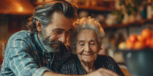 Mann hilft in der Küche, Seniorin, Pfleger