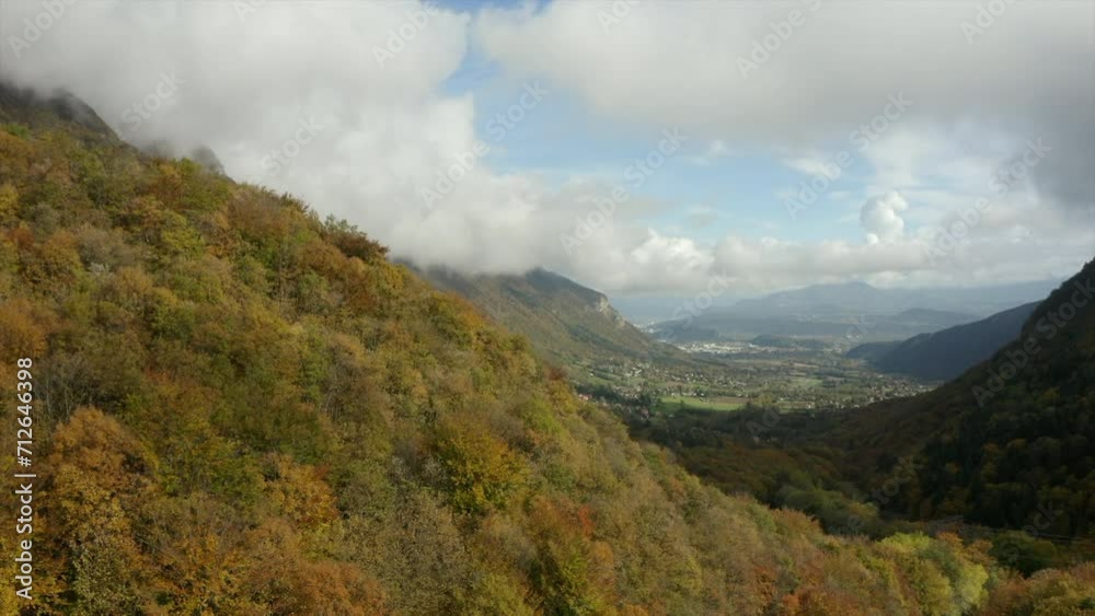Aerial Scenic View Of Houses Seen From Mountains Under Cloudy Sky, Drone Flying Forward On Sunny Day - Isere, France Aerial Scenic View Of Houses Seen From Mountains Under Cloudy Sky, Drone Flying Forward On Sunny Day - Isere, France