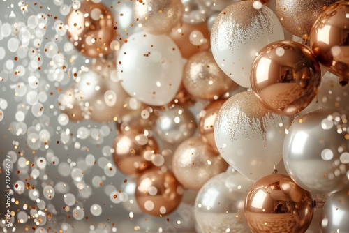 palloncini oro e argento con coriandoli dorati per festa di compleanno su sfondo bianco