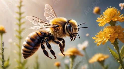 a bee collects pollen from flowers in the garden