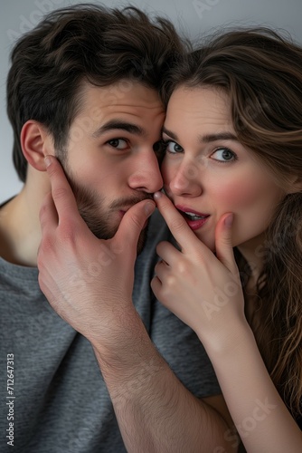 Young caucasian couple leaning to each other close up portrait on light neutral gray background wispering and closing mouth with a hand