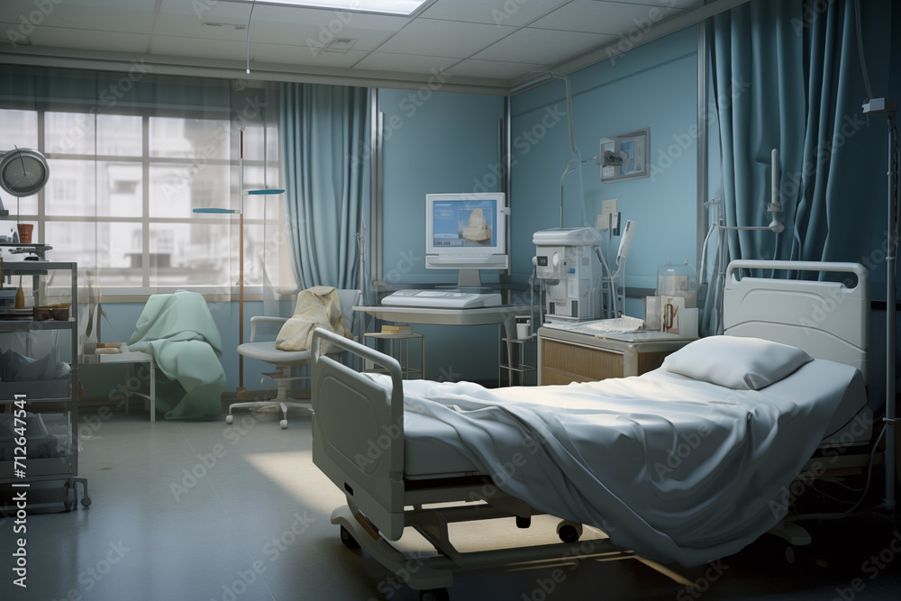 Hospital room with a patient bed. Medical world, event related to care, medical news, hospitalization of a patient, nursing home. Hospital room with a patient bed. Medical world, event related to care, medical news, hospitalization of a patient, nursing home.