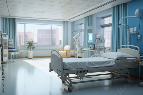Hospital room with a patient bed. Medical world, event related to care, medical news, hospitalization of a patient, nursing home.