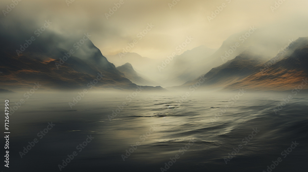 panorama of tall rocky mountains covered in white smoke, under the mountain flowing clear and fresh rivers, on the banks of the river there are many colorful flowers , Generate AI