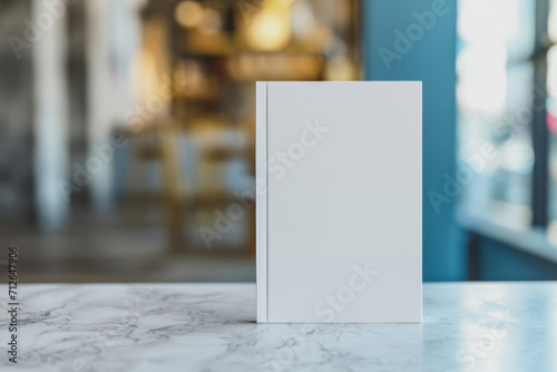 Blank book cover template standing on marbel counter against blue blurred background with soft shadows. Front view of magazine mockup
