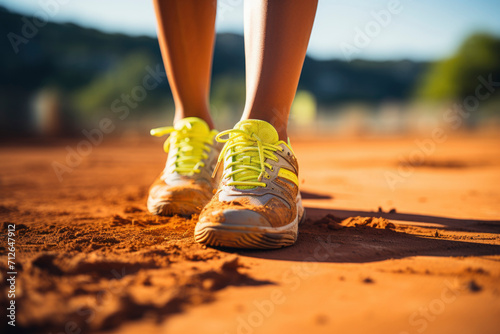 A professional tennis player's agile legs showcase dynamic movement, gripping a racket tightly while a tennis ball hovers mid-air in this intense sports close-up.