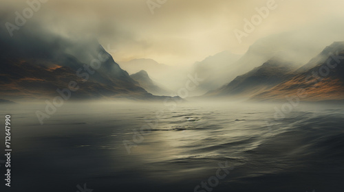 panorama of tall rocky mountains covered in white smoke, under the mountain flowing clear and fresh rivers, on the banks of the river there are many colorful flowers , Generate AI