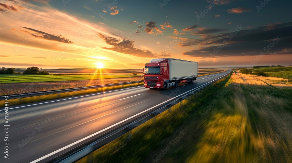 highway truck on a large road in a beautiful sunrise or sunset in high resolution and quality. transportation concept or banner on the truck 4k