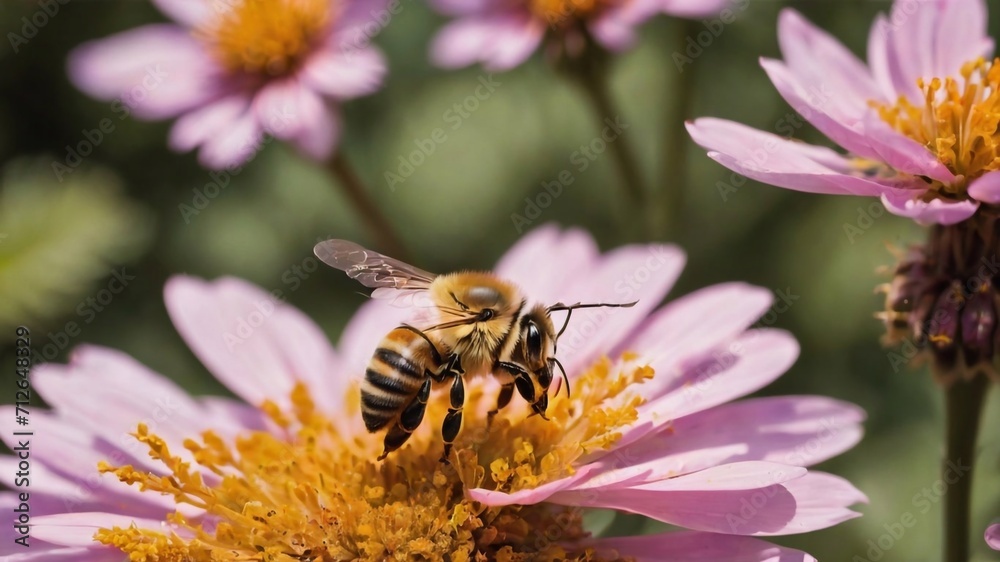a bee collects pollen from flowers in the garden a bee collects pollen from flowers in the garden