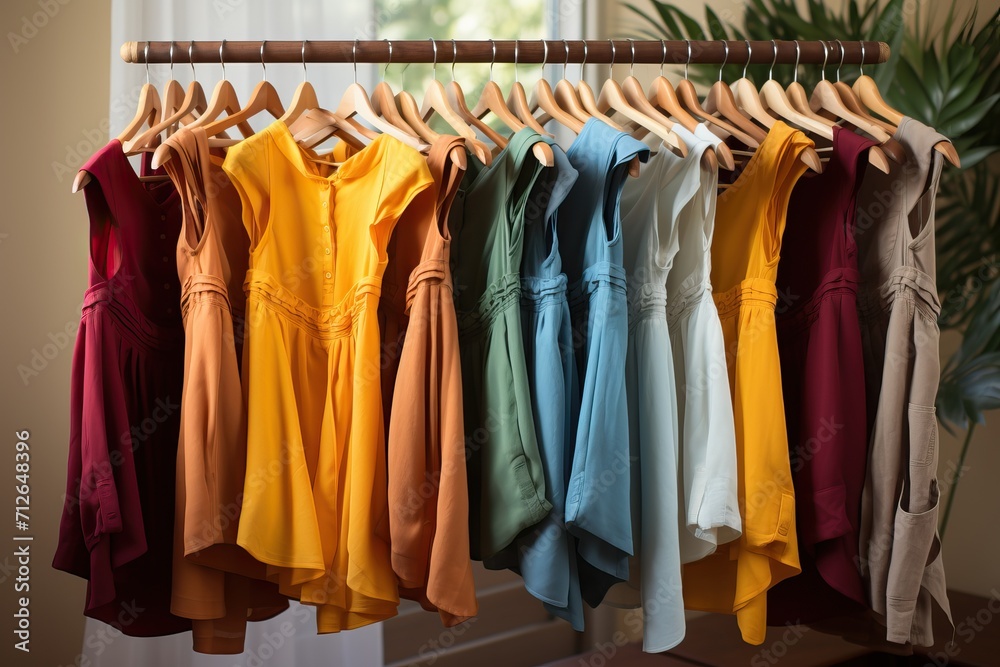 Neat women's clothes hang on hangers in the dressing room.