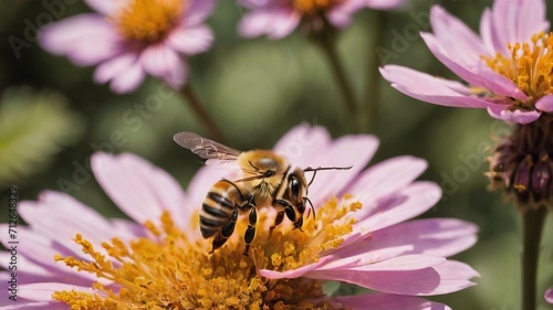 a bee collects pollen from flowers in the garden © Anna