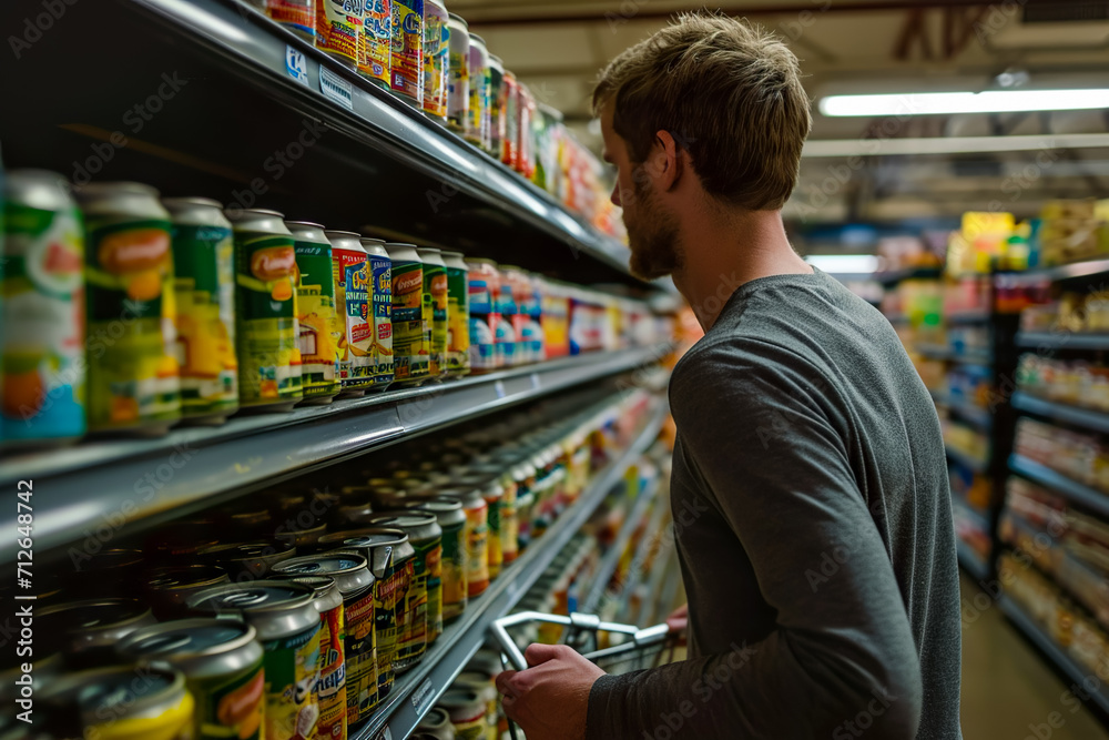 man pushing a cart and looking at the shelves of canned goods