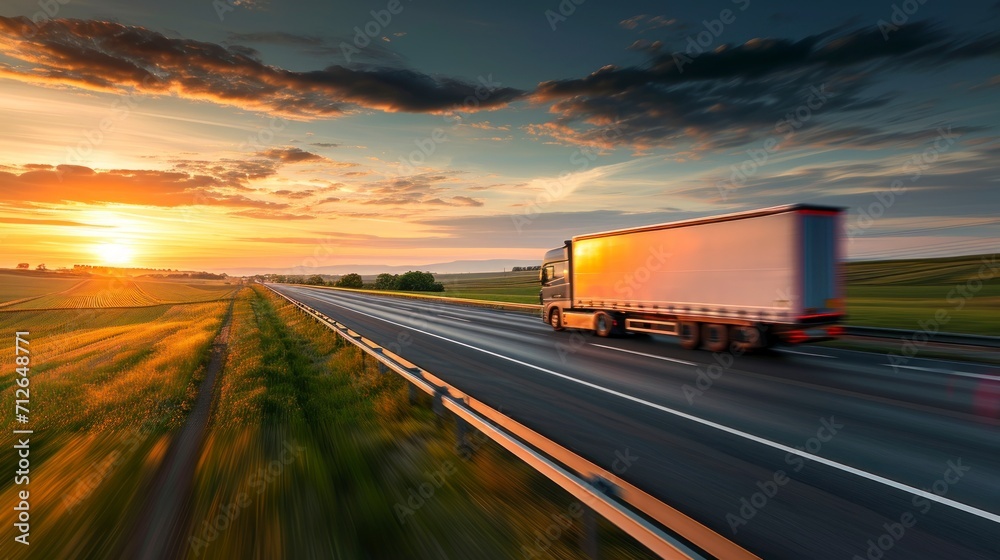 highway truck on a big road in a beautiful sunrise or sunset in high resolution and quality