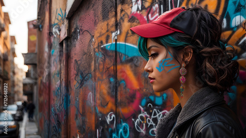 Beautiful girl on the background of the wall with graffiti image (3)