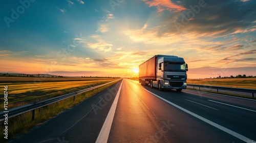 highway truck on a big road in a beautiful sunrise or sunset photo