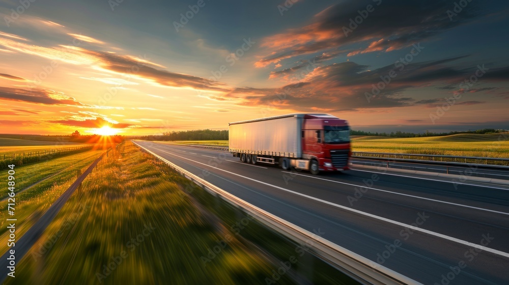 highway truck on a large road in a beautiful sunrise or sunset in high resolution and quality. transportation concept highway truck on a large road in a beautiful sunrise or sunset in high resolution and quality. transportation concept